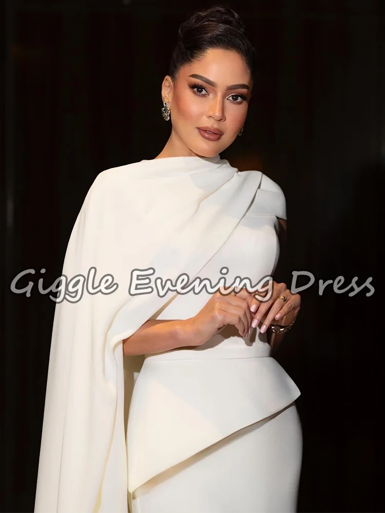 Giggle Elegant Ivory Cape Evening Party Dresses High Neck A-Line Simple Saudi Arab Formal Occasion Gown Floor Length Customized