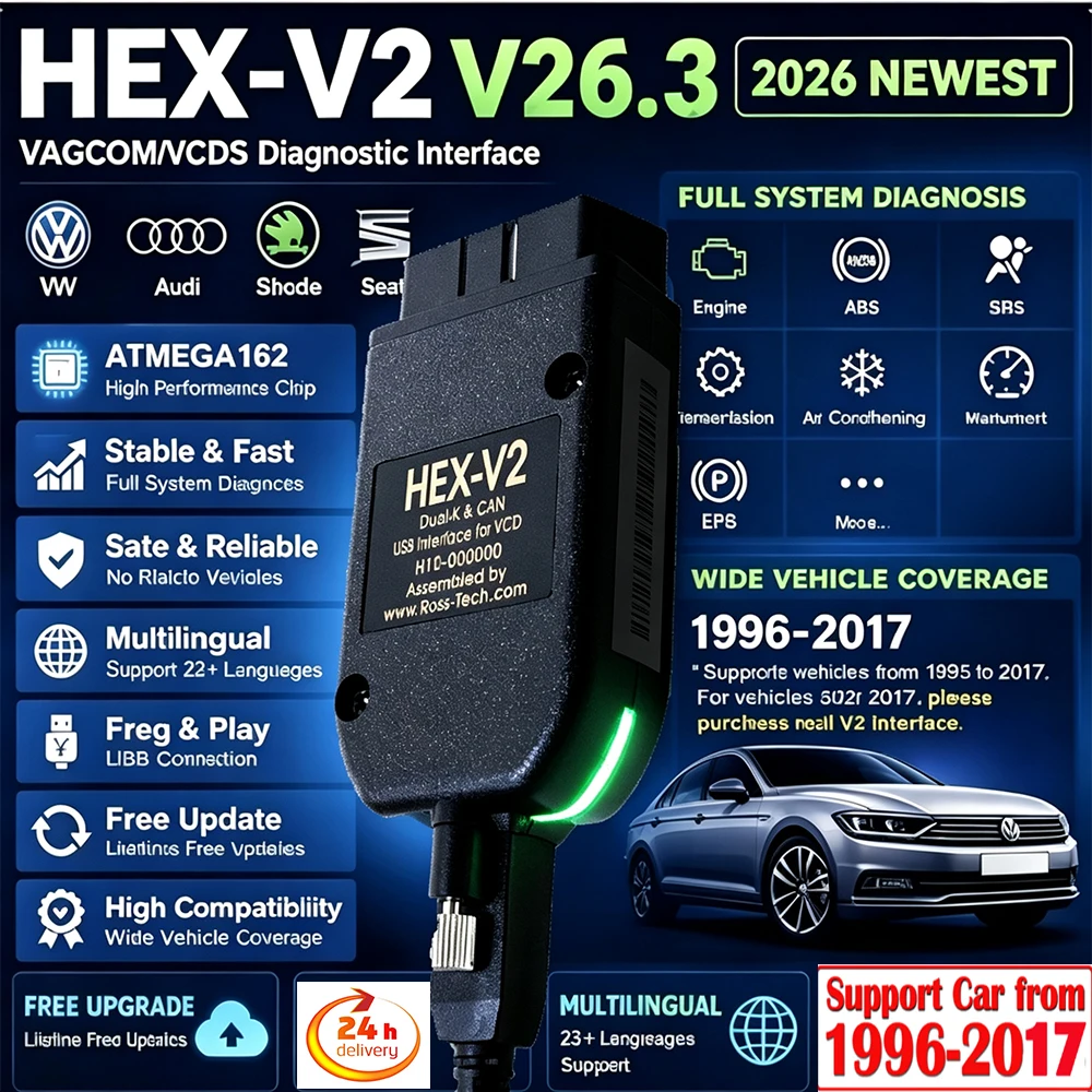 2026 Beliebter VCDS VAGCOM 26.3 HEX CAN USB Scanner für VW, Audi, Skoda, Seat VAG Mehrsprachiges ATMEGA162 AUTOCOM VAG HEX V2 TOOL