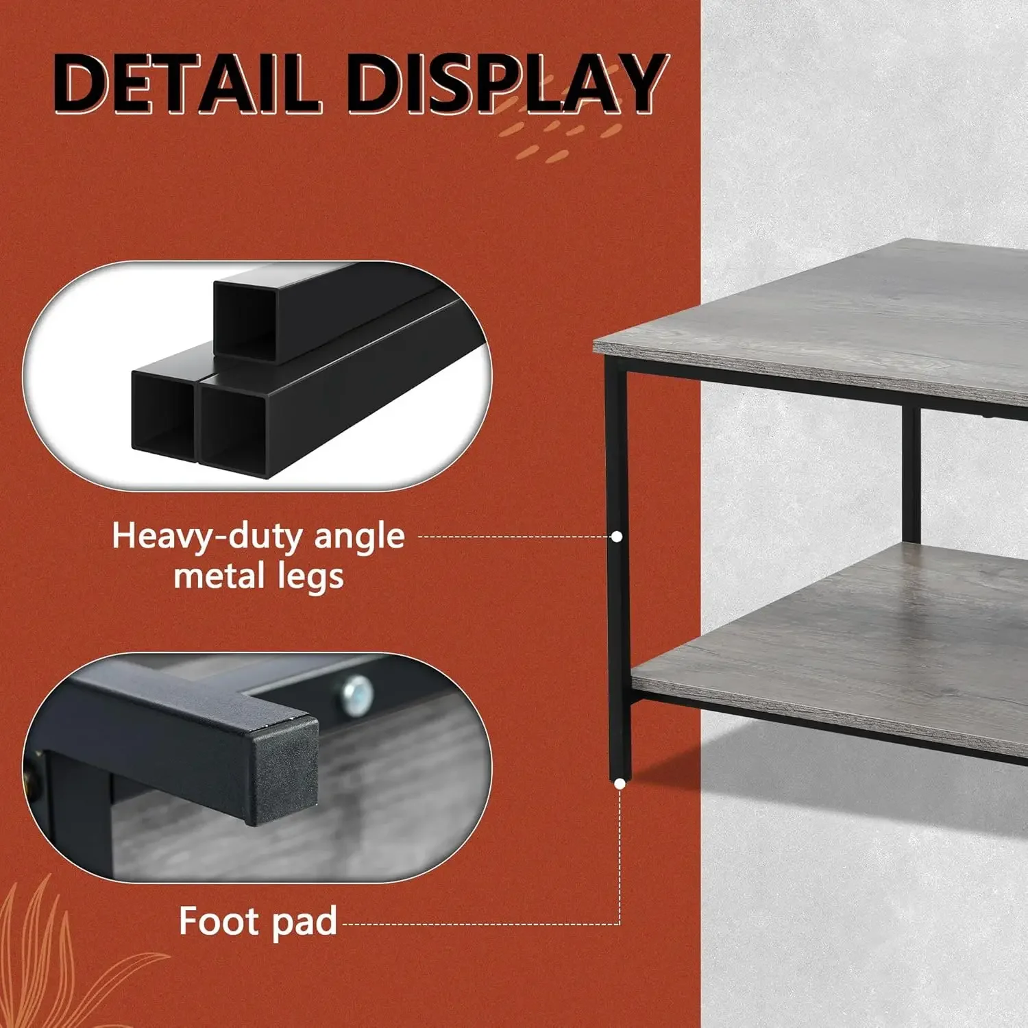 Grey Oak Rectangle Wood and Sturdy Metal Side End Table, Stable Metal TV Stand, Functional Center Table for Living Room