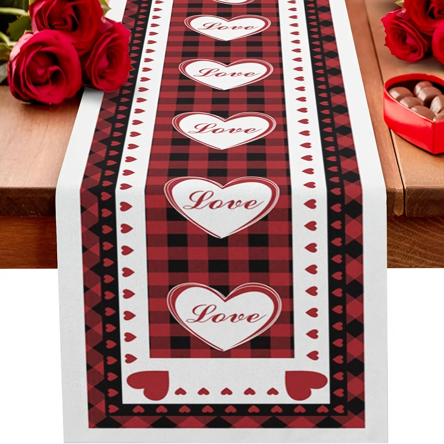 Tischläufer aus Leinen zum Valentinstag – rotes Liebeszitat, schwarzes Büffelkaro-Dekor für die Küche, Esszimmer, Urlaub, Party