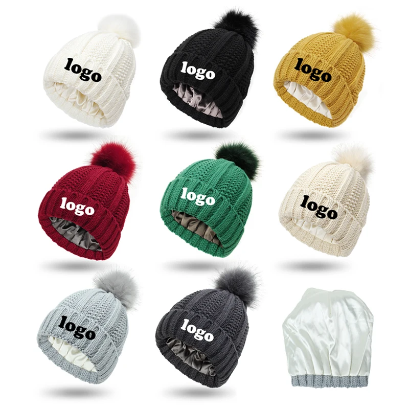 Women Winter Thicken Satin Lining Soft Faux Fur Pom Pom Knitted Hat Beanie Customized logo Autumn and Winter Skullies Caps