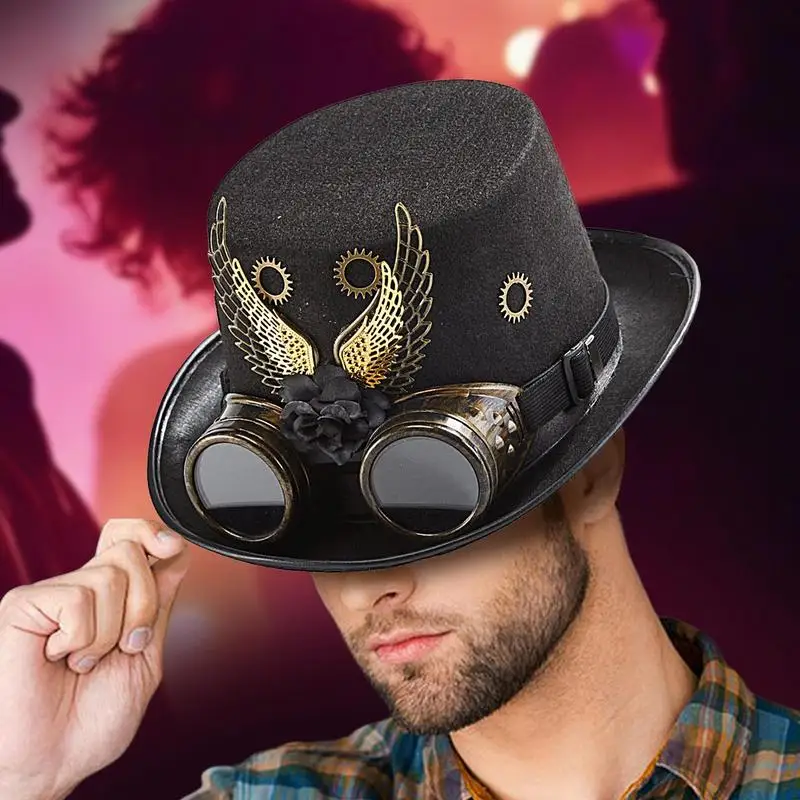 Steampunk Top Hat Halloween Wings And Gear Hat Headwear Retro Victorian Hat With Removable Goggles Cosplay Dress Up Accessories