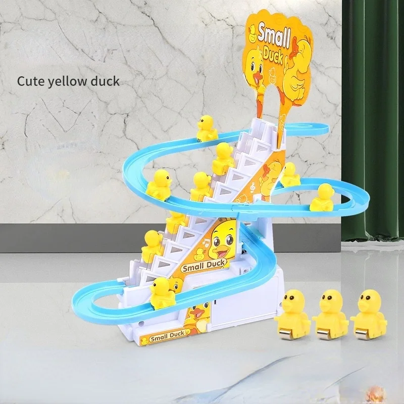 Children Toy Duck DIY Rail Racing Track Small Duck Climbing Stairs Toy Electric Car Staircase Music Educational Toy for Kid 3-5Y