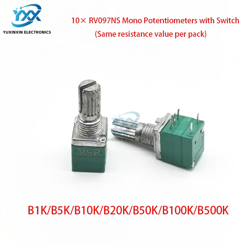 10 шт. RV097NS 5-контактный одиночный потенциометр с переключателем B1K/B5K/B10K/B20K/B50K/B100K/B500K для регулировки громкости аудиоусилителя