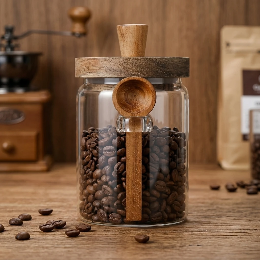 Airtight Storage Canister High-Borosilicate Glass Coffee Bean Jar for Kitchen Pantry Microwave Safe Food Container with Spoon