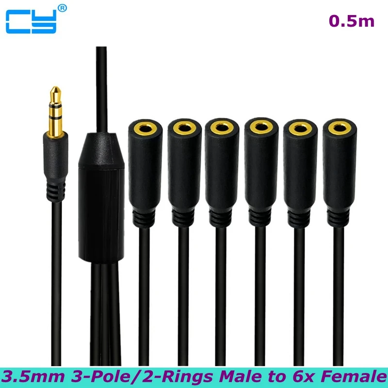 

3.5mm (1/8") TRRS 3-Pole/2-Rings Male to 6x Female 3.5mm TRRS 3-Pole/2-Rings Stereo Splitter Audio Cable, Gold-Plated, 0.5m