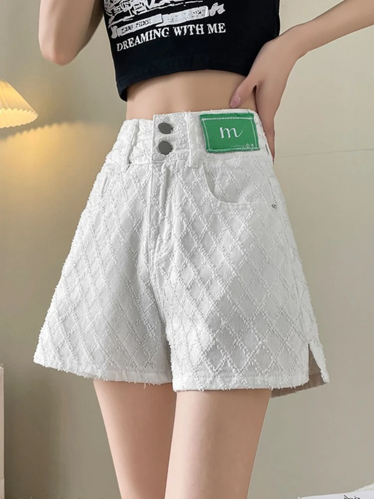 Diamond grid jacquard denim shorts women in summer thin split design sense casual fashion high waist versatile shorts