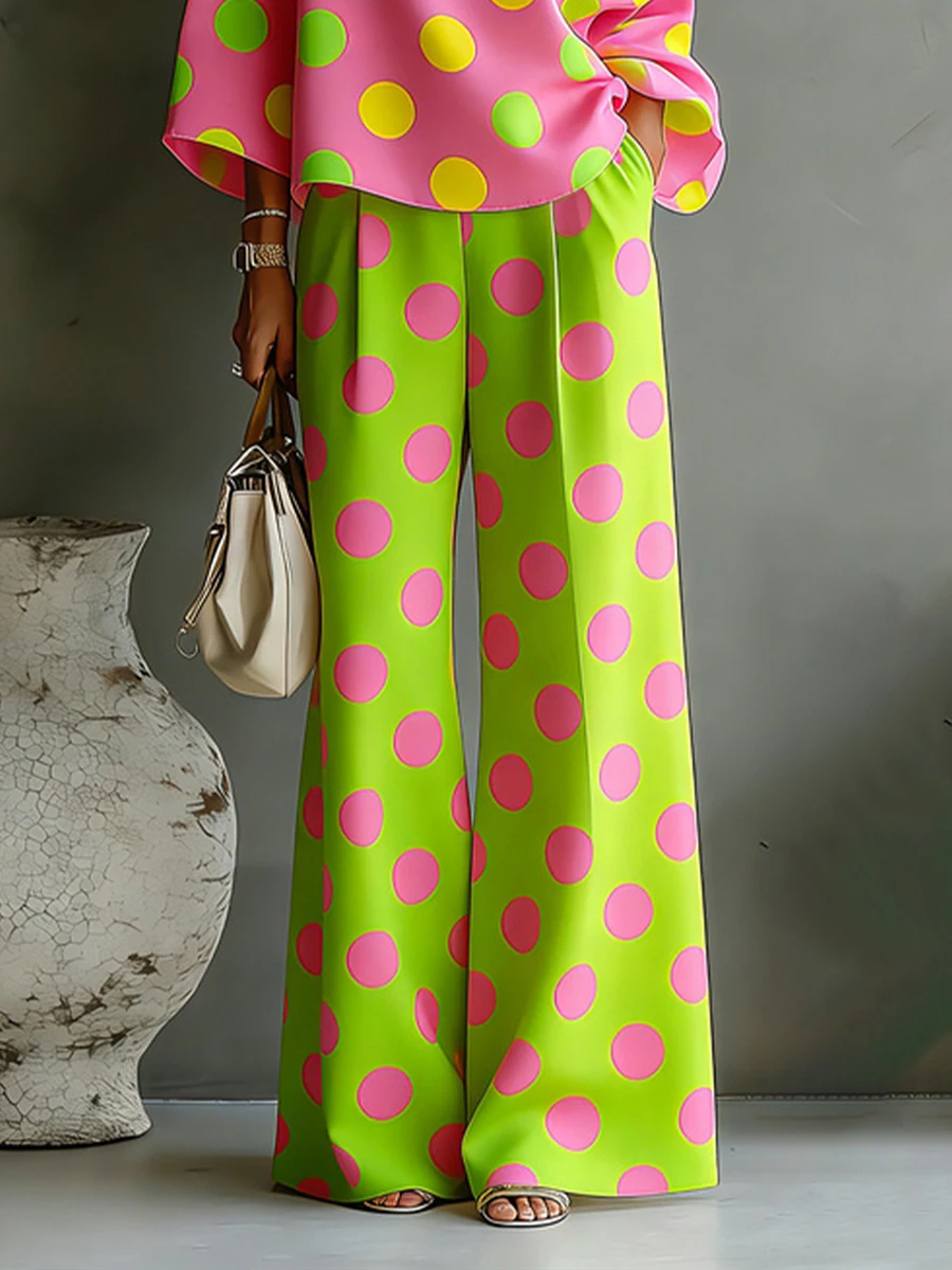 Missuoo Women's Polka Dot 2 Piece Set Pink One-shoulder Shirt Top and Green Wide Leg Pants 2026 Stylish Casual Pant Sets view 4