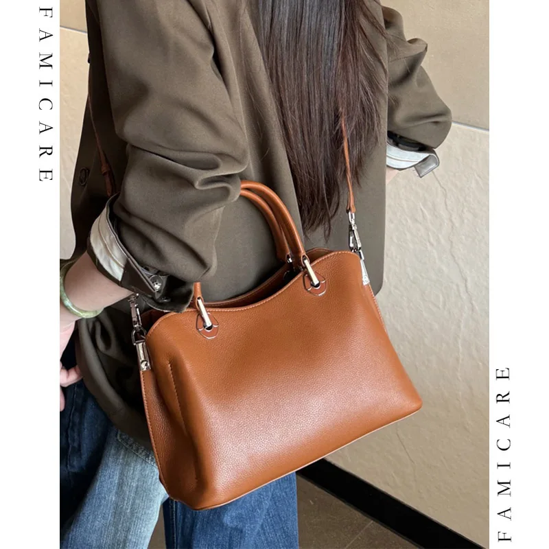 Elegant Women Genuine Leather Handbag Solid Color Lady Busines Convertible Crossbody Bgas Fashion Casual Top‑Handle Shoulder Bag