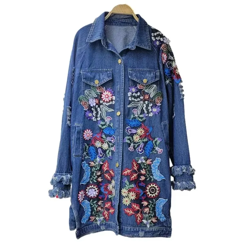 Spring Heavy Work Vintage Flower Embroidery Mid-length Women Blue Jeans Jacket Casual Frayed Burrs Hole Denim Coat Streetwear