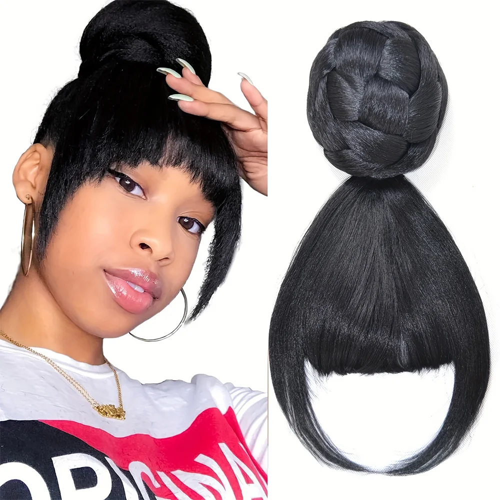 

Синтетический пучок и челка, набор из 2 шт., плетеная заколка для волос, прямая заколка с высокой пучкой и челкой, заколка для волос для чернокожих женщин