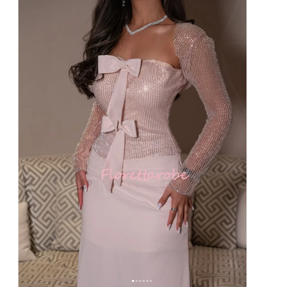 Customized Pink Sexy Evening Dress Gorgeous Prom Dresses  Formal Occasion Shining Long Sleeve Party Gown With Bow Robe Soiree