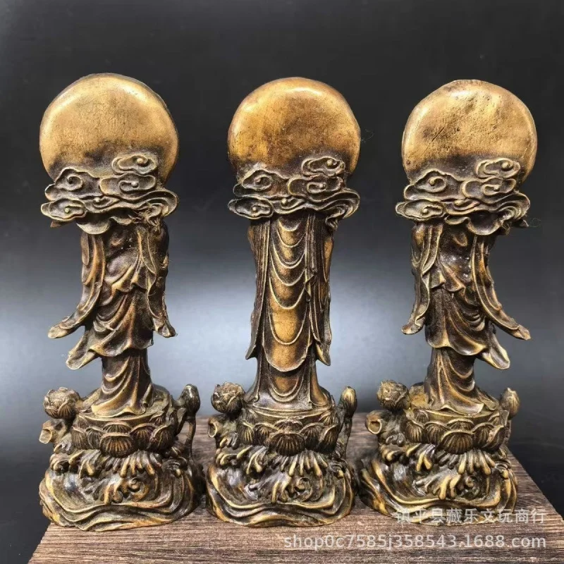 Antique-Style Alloy Copper Finely Carved Western Three Saints Ornaments: Pure Vase Guanyin, Mahasthamaprapta Bodhisattva, And Am