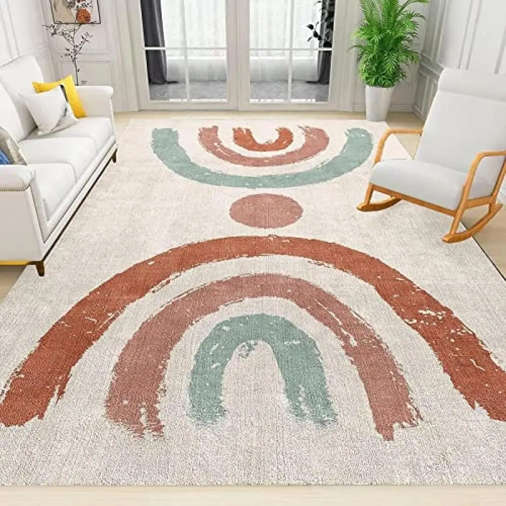 

6x9 Red, Cyan & Rainbow Striped Kids Nursery Rug - Boho Retro Style, Non-Slip, Easy Clean for Living Rooms, Bedrooms, and Play A