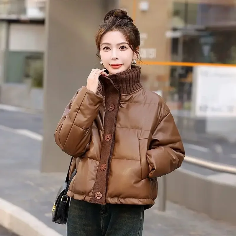 

2025 Winter Fashion New Women's Down Jacket Commuter Splicing Knitted Stand Collar PU Jacket