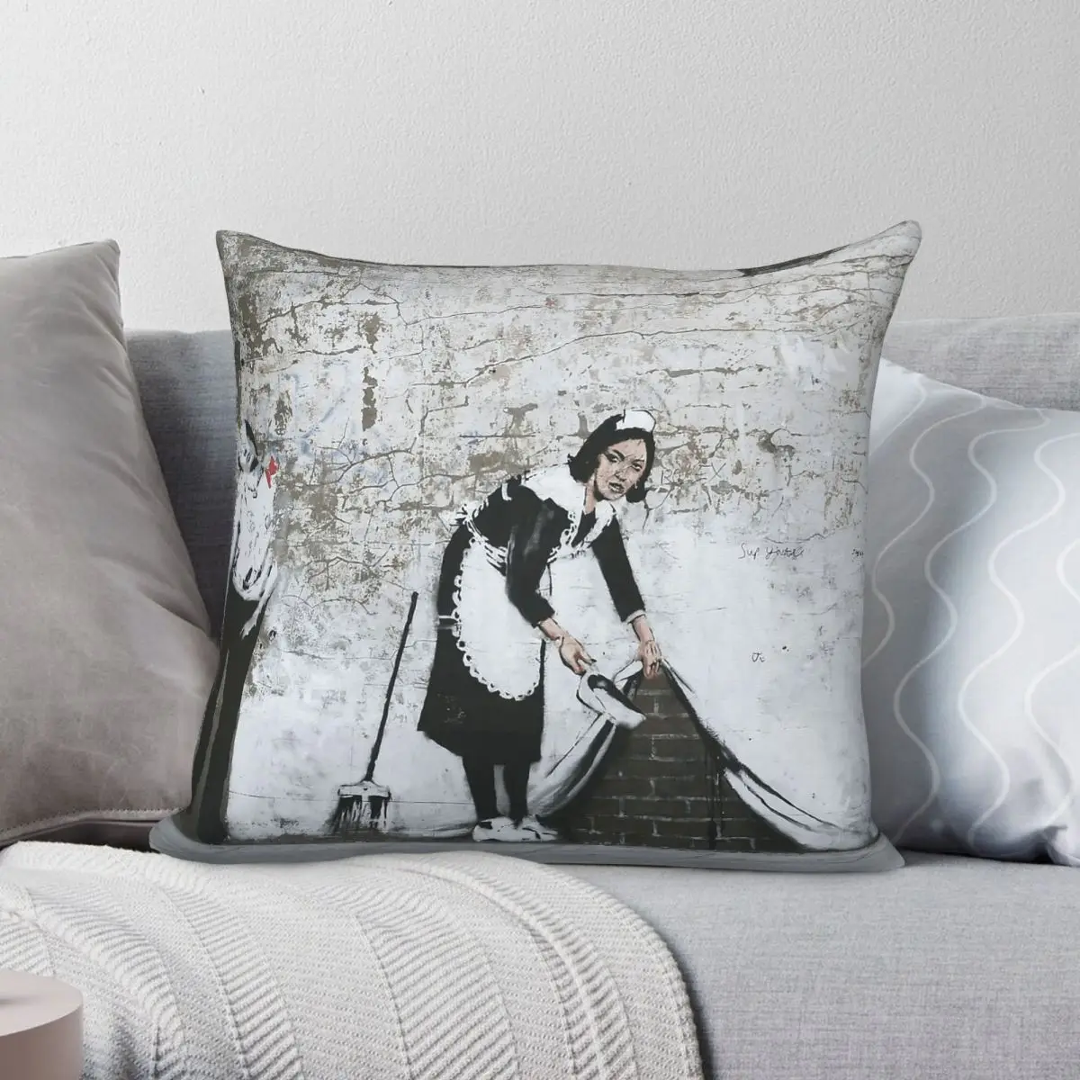 Sweep It Under The Carpet Banksy Square Pillowcase Polyester Linen Velvet Creative Zip Decor Throw Pillow Case Home Cover 45x45
