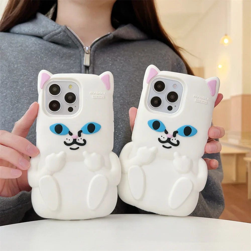 Cute Cartoon one-finger salute Cat  Phone Case for IPhone 16 15 14 13 12ProMax Shockproof Silicone Soft High Quality Back Cover