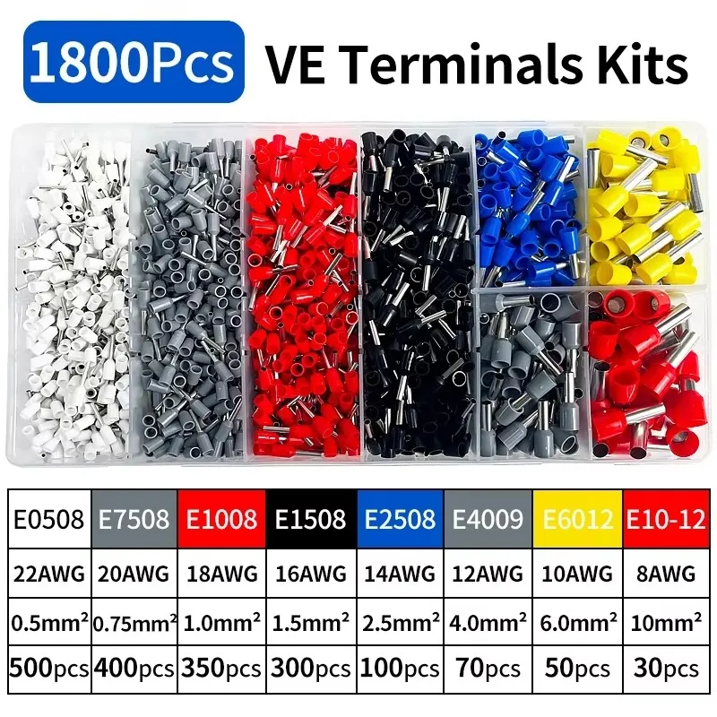 Boxed 200/450/800/1250/1800/1900Pcs Durable Ring - Type Crimp Terminals for Electrical Wires & Cables | E0508/E7508/E1008/E1508