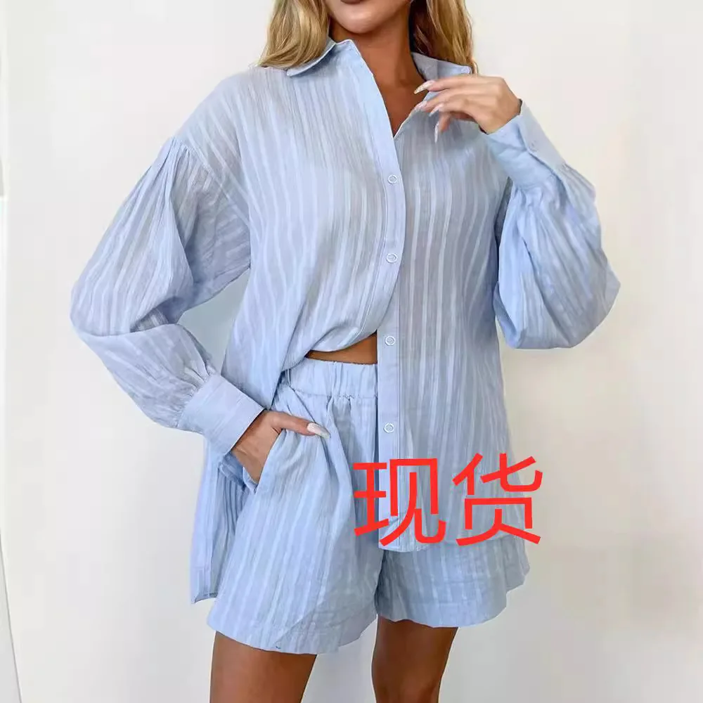 new product 100% cotton striped long-sleeved shorts suit is comfortable and can be worn outside pajamas homewear suit women