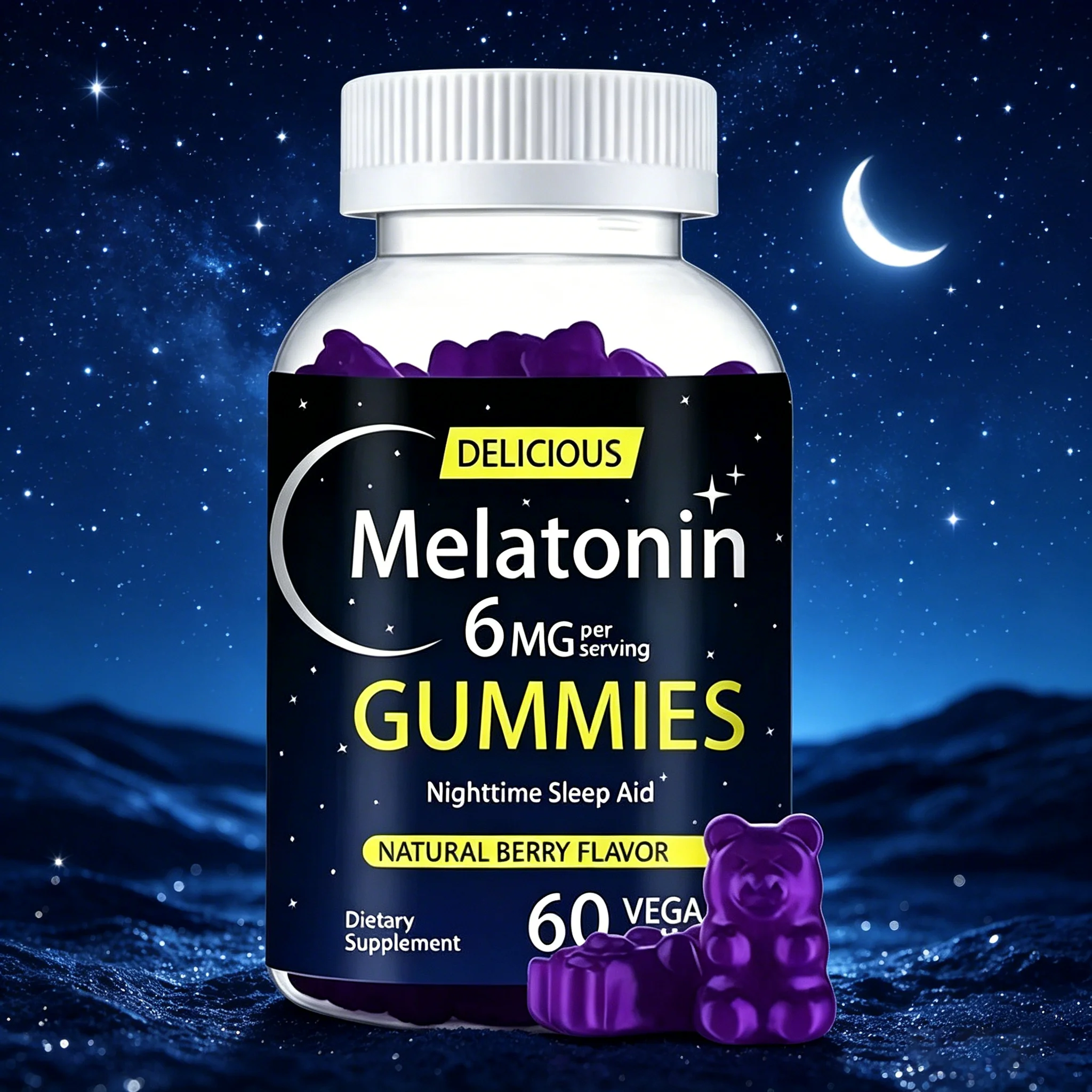 Gomitas de Melatonina 6mg - Ayuda para Dormir, Alivio del Estrés, Producción de Energía Aumentada, Mayor Vitalidad
