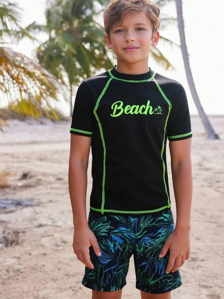 

Boy Kids Swimsuit 2025 New Black Print Short Sleeve Children Swimwear Summer Two Piece Shorts Beach Wear Bathing Suit Swimming