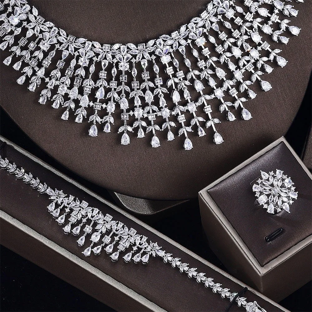Exaggerated Luxury Cubic Zirconia For Women Necklace Earrings Bracelet Ring Bridal Wedding Party Statement Jewellery Set Gifts