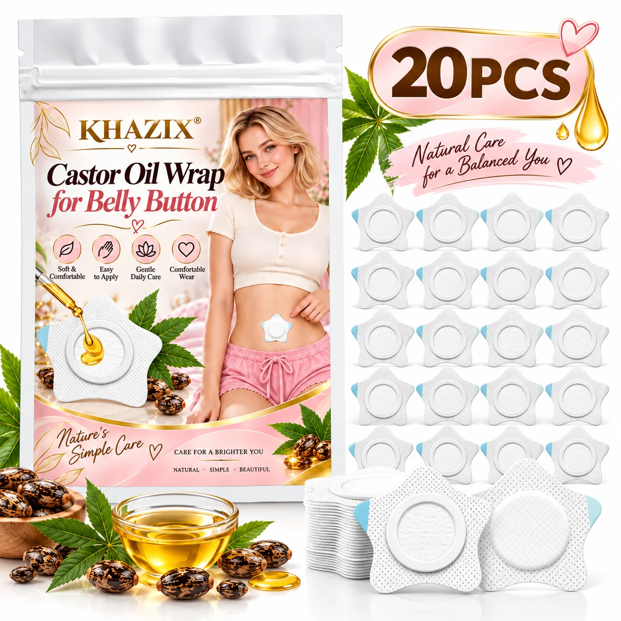 20pcs Castor Oil Wrap for Belly Button, Castor Oil Pack Wrap Pad for Belly Button Patches Sticker Highly Absorbent Bandage Tape