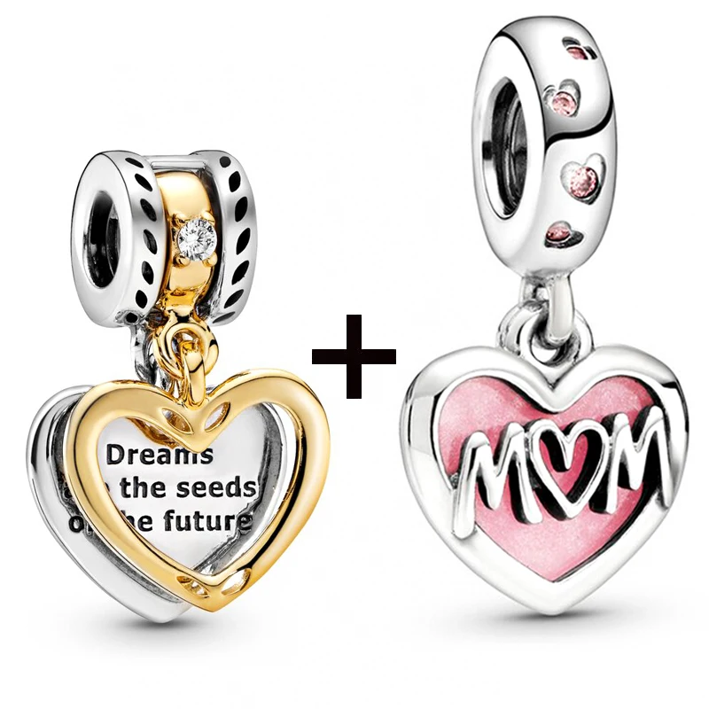 2Pcs/lot Love Mother Bead With Pink Heart Pendent Fit DIY Brand Charm Bracelet & Necklace For MOM & Women Jewelry Gift