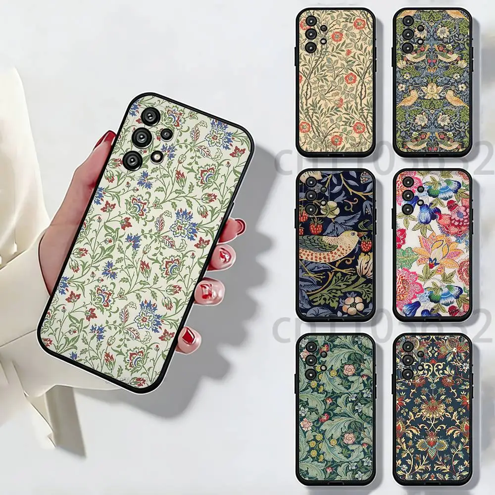 William Morris Strawberry Thief Phone Case For Samsung S25,24,21,22,23,S30,Ultra,S20,Plus,Fe,Lite,Note,S10,S9,Black Soft Shell