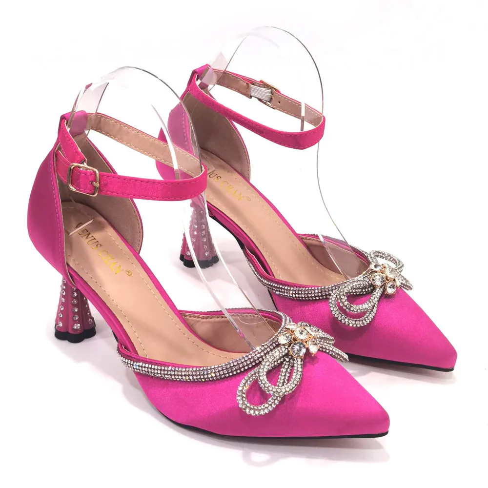 2023 Ladies Pointed-Toe Party High Heels Magenta Colour Bow Rhinestone Stereo Bag Evening  African Wedding Shoe And Bag Set