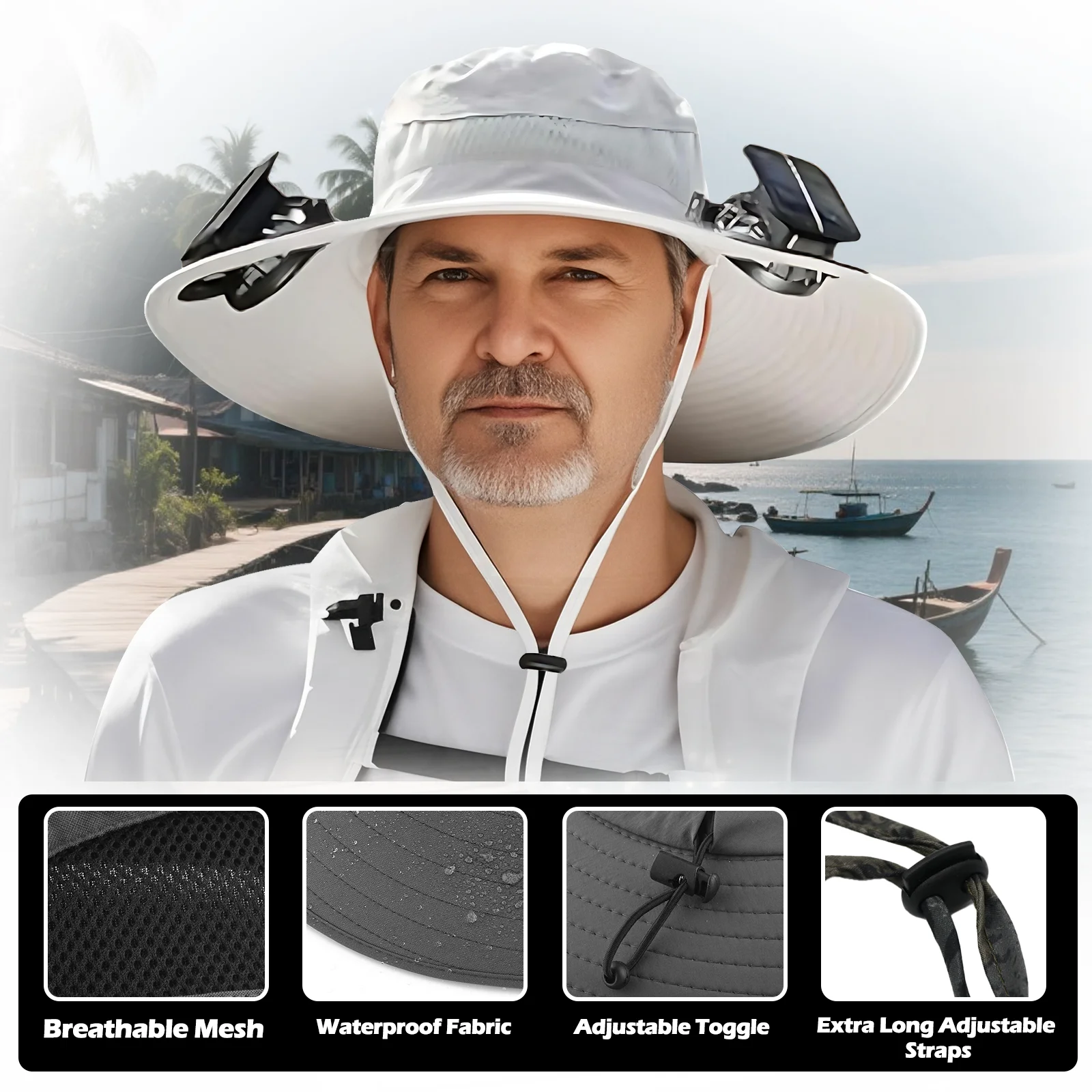 FishTrip Sombrero de pesca impermeable con ventilador solar UPF50+ - imagen 2