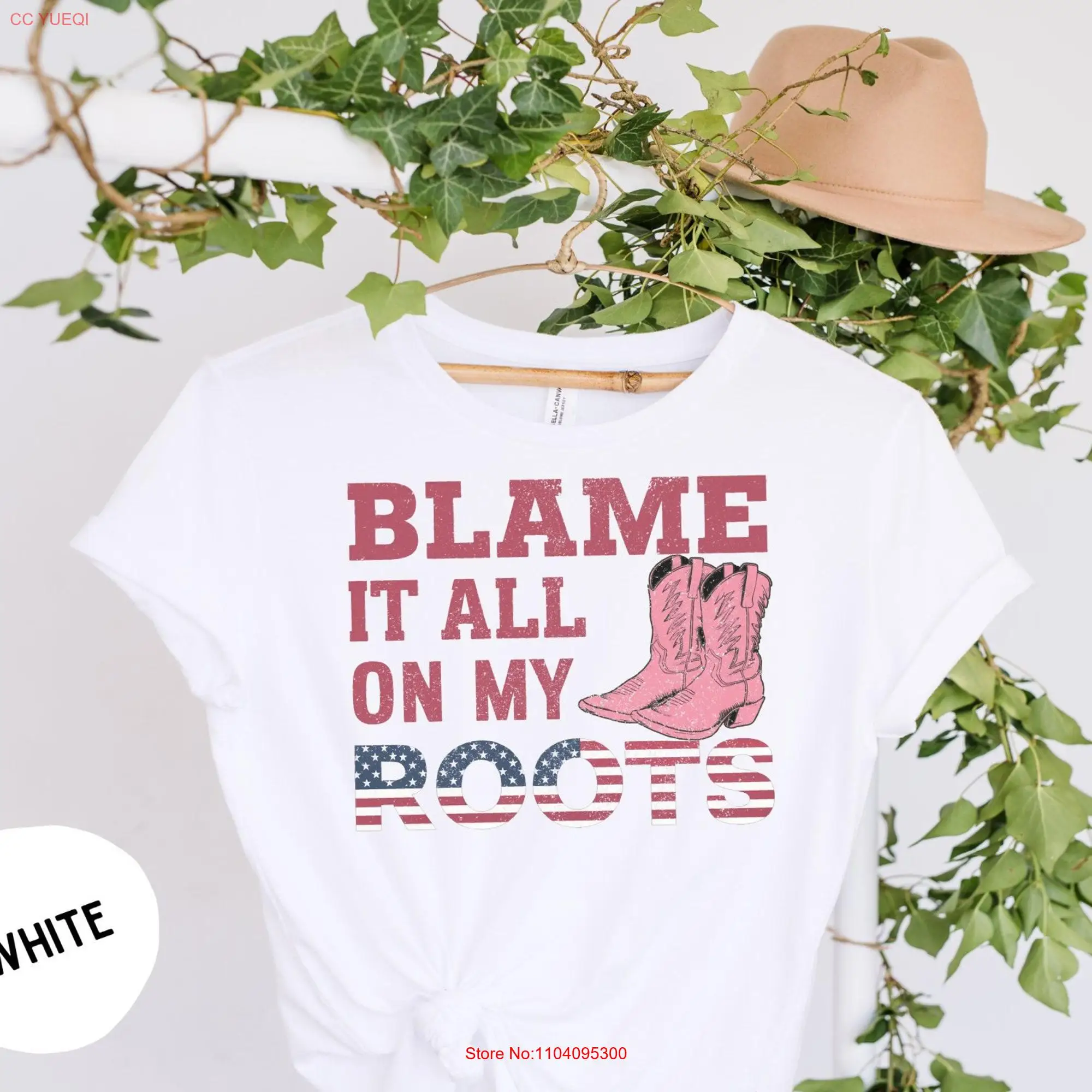 Blame It All On My Roots T Shirt Country Music Western Themed Patriotic Boots Rustic USA Flag Design