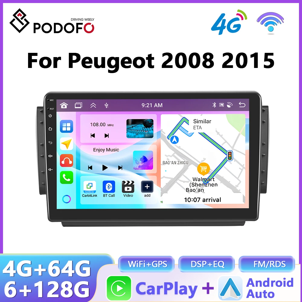 Radio Podoyo CarPlay Android Auto para Peugeot 2008, sistema inteligente para coche, unidad principal estéreo GPS 2Din, reproductor Multimedia