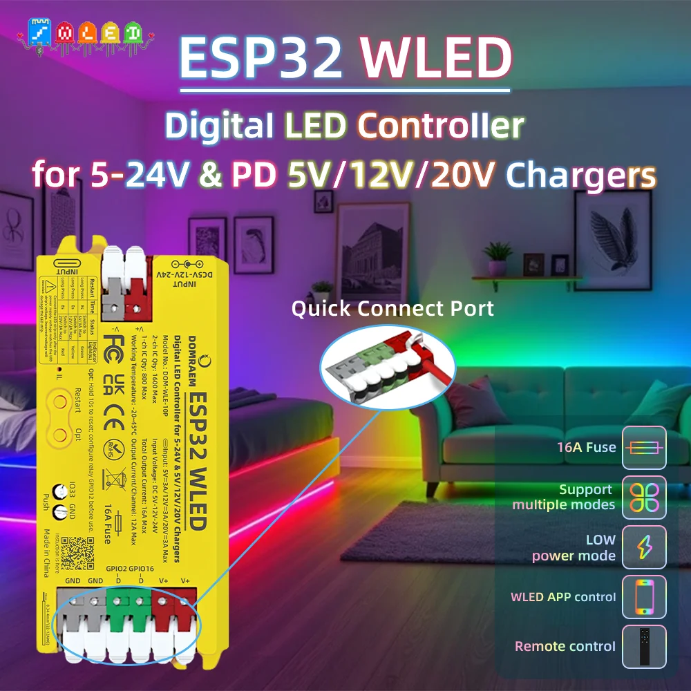 

DOMRAEM ESP32 Digital WLED Dual Output Controller with PD5V/12V/20V & DC 5-24V Wide Voltage Input 16A Fuse WS281X/SK6812 1600ICS