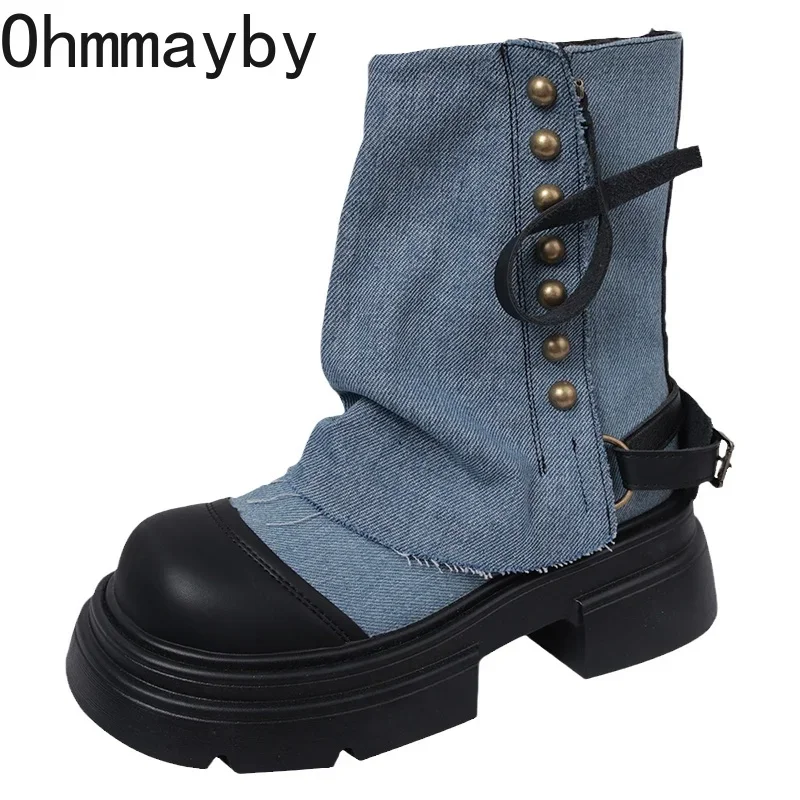 Designer Women Chunky Denim Short Boots Fashion Platform Heel Pants Booties Ladies Comfort Women\'s Footwear