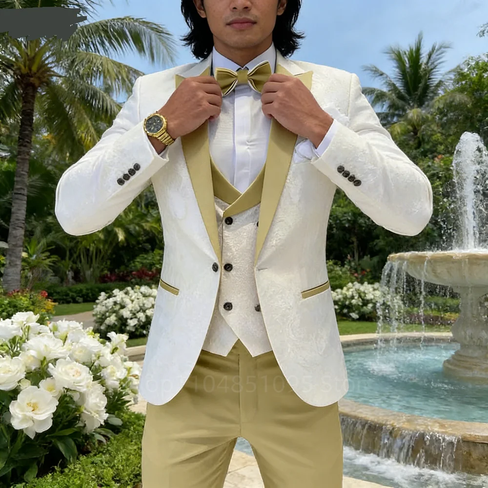 

Jacquard 3 Piece Men's Tuxedo Regular Fit Blazer Vests Pants Double Breasted Business Prom Wedding Set Men's Formal Clothes