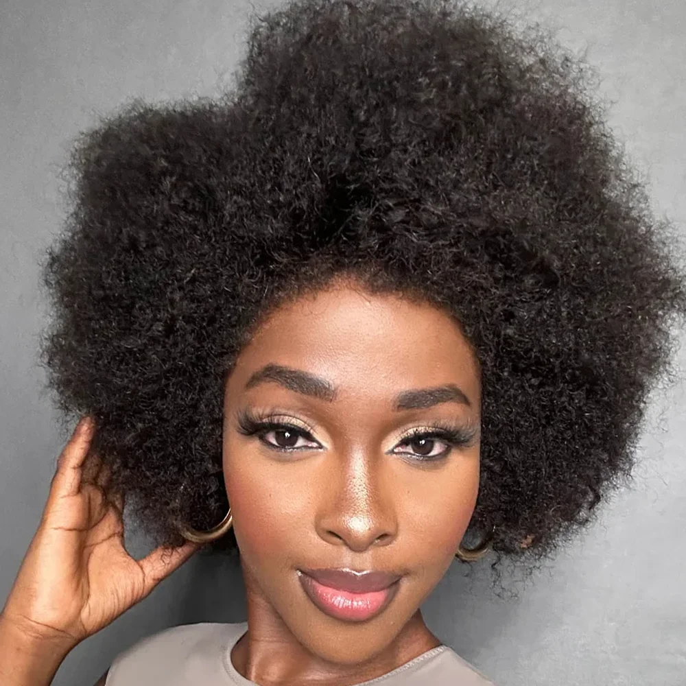 Fluffy Afro Kinky Curly Human Hair Wig With Thick Bang 70s Natural Short Bob Wigs For Black Women 180% Density Full Machine Hair