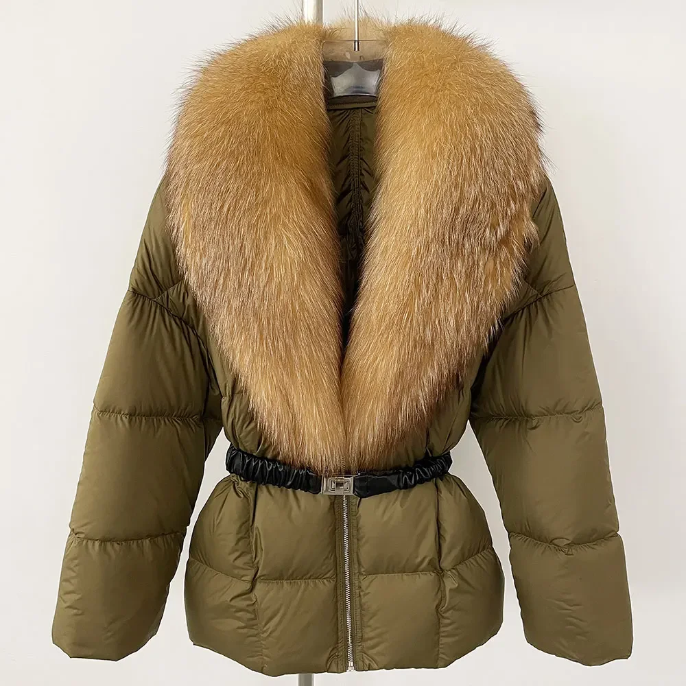 Vero cappotto di pelliccia di volpe naturale caldo piumino d'anatra bianco da donna nuovo grande inverno con lacci in vita soffice Parka piumino allentato 2025