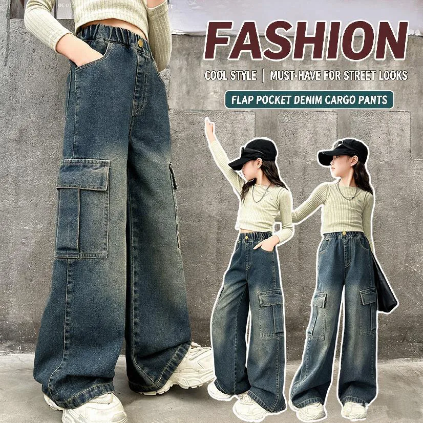 Girls Spring Autumn Wide Leg Jeans 4‑14Y Kids Teen Elastic High Waist Multi‑Pockets Loose Casual Streetwear Pants