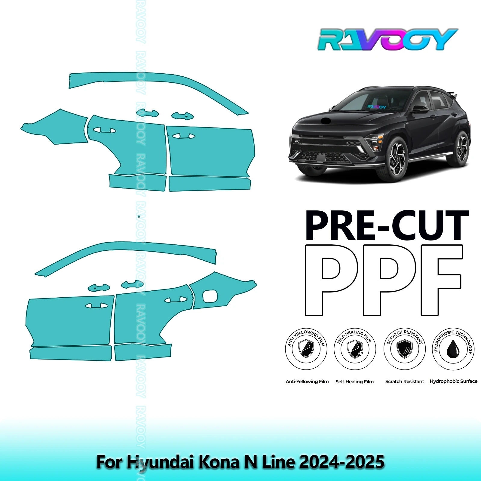 

For Hyundai Kona N Line 2024-2025 8.5mil Clear Matte Pre-Cut PPF Door & A/B Pillar Kit TPU Paint Protection Film Set