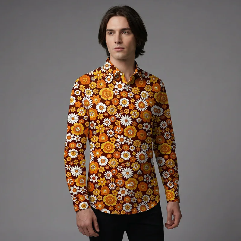 Cross-border Bestseller Men's Long Sleeve Shirt  70s Disco Digital Print Casual Fashion Blouse For Spring And Autumn