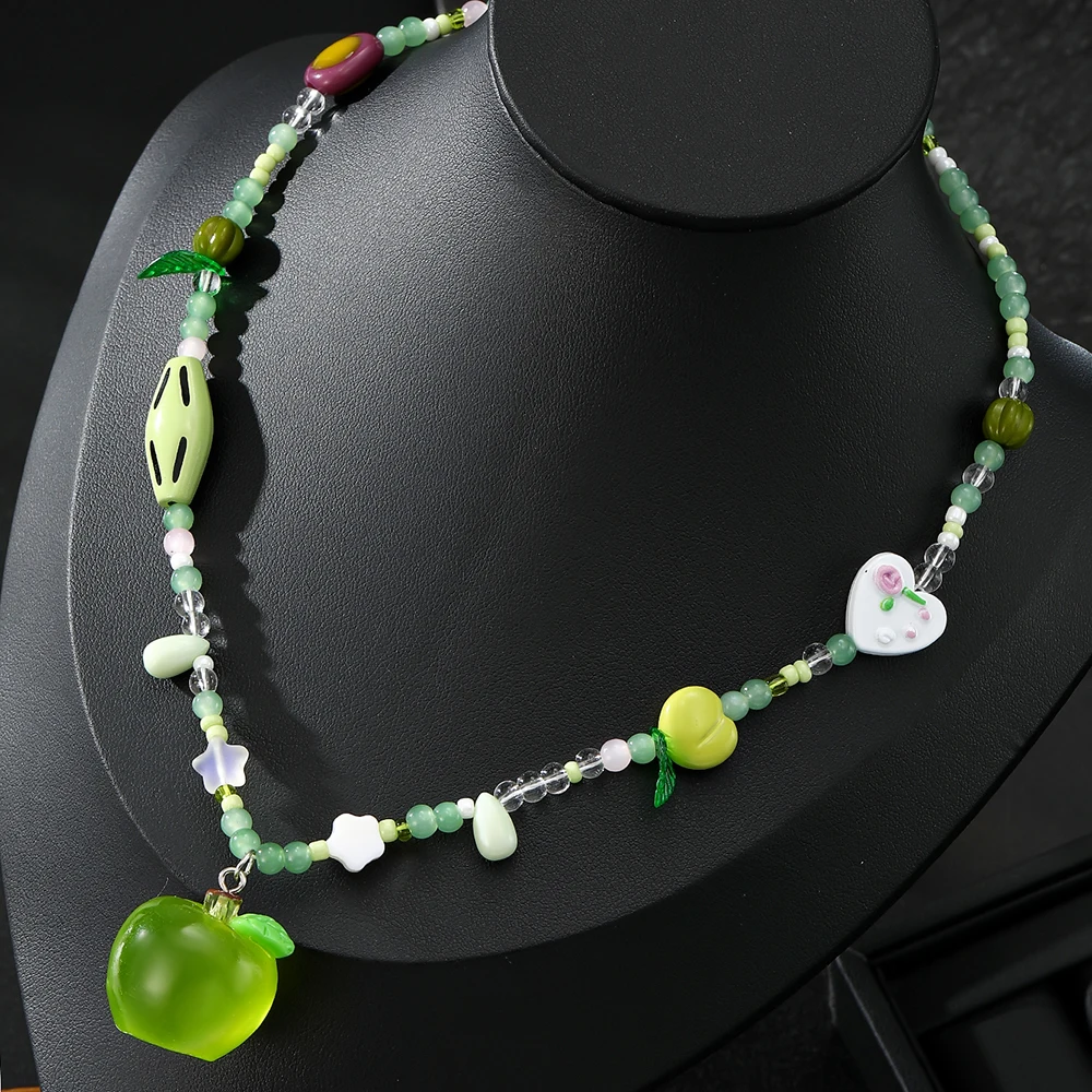 Green Apple Pendant Necklace Small Fresh Design Flower Beaded Clavicle Chain Mint Green Green Apple Beaded Necklace