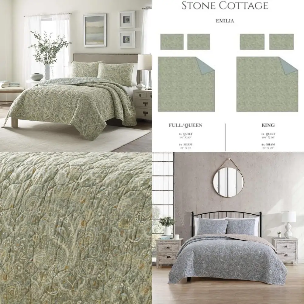 

Cotton Reversible Queen Quilt Set with Matching Shams, Emilia Green, Suitable for Full/Queen Beds
