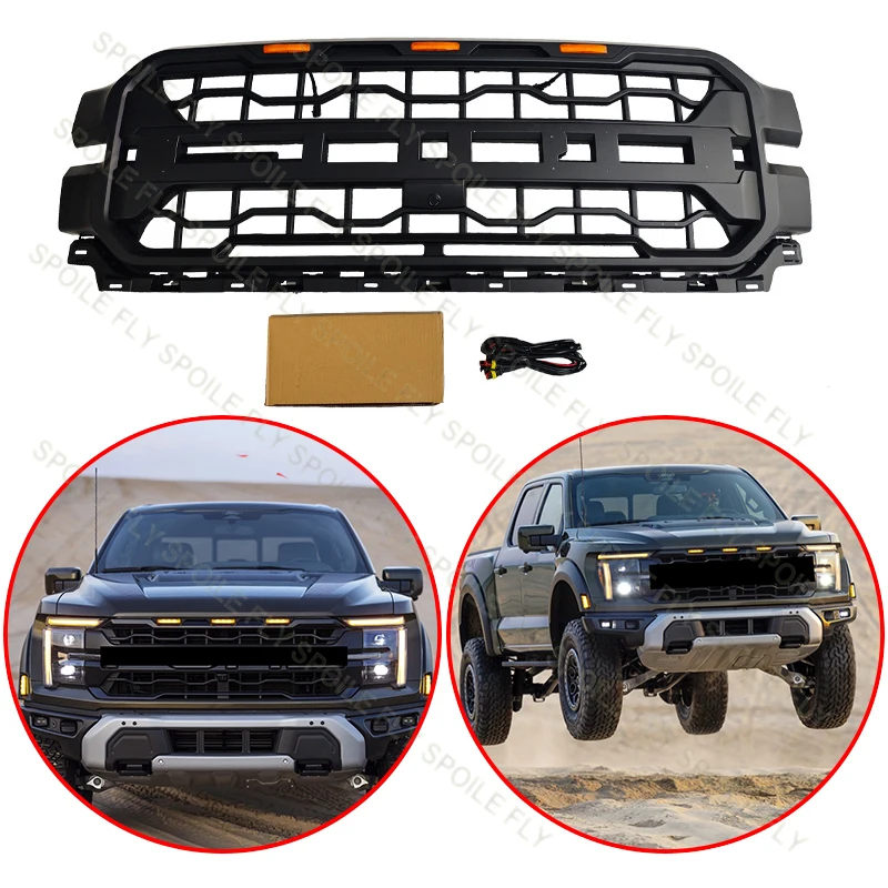 

For Ford F150 2024 2025+ High Quality ABS With 3/Pcs LED Light Raptor Style Car Front Bumper Grill Racing Grills Glossy Black