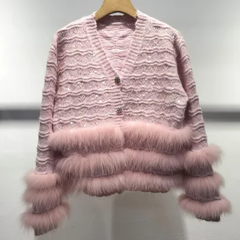 Cardigans de malha com listra de pele de raposa real, camisola gola v, camisola aparada, novo design, outono, 2024