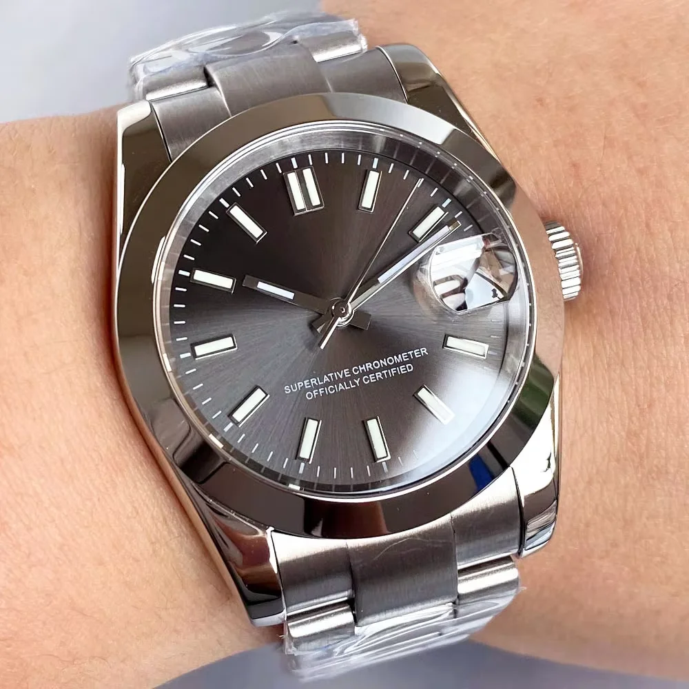 Customized 36mm/39mm Polished Fixed Bezel NH35 Mechanical Watch For Men Date Stick Index SapphireCrystal Bracelet Glidelock