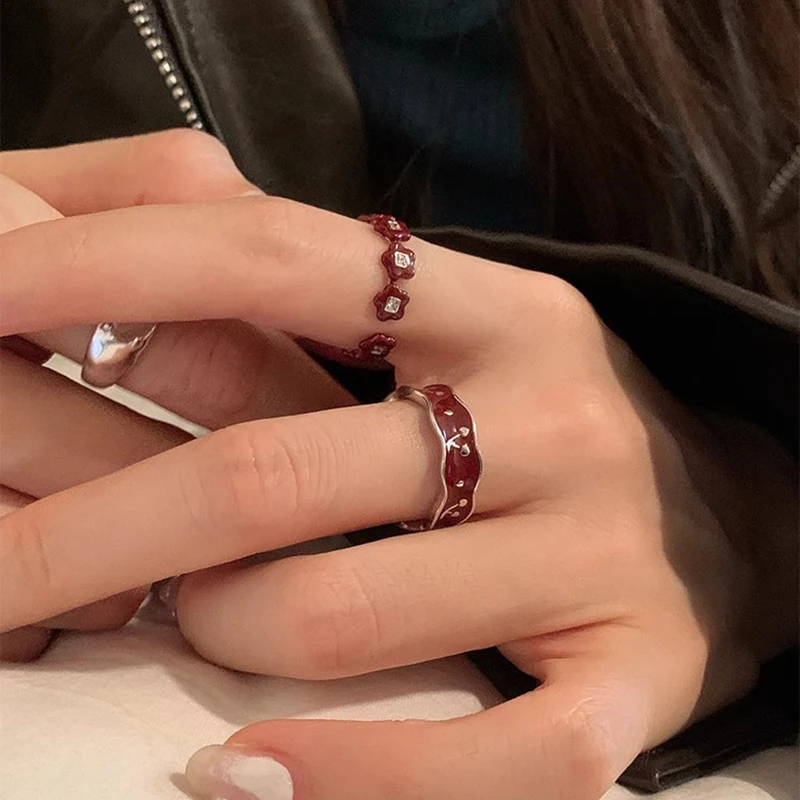 Anello da dito aperto in argento sterling 925 color oro fiore rosso ciliegia punk impilabile per regalo di gioielli da donna Dropship all'ingrosso