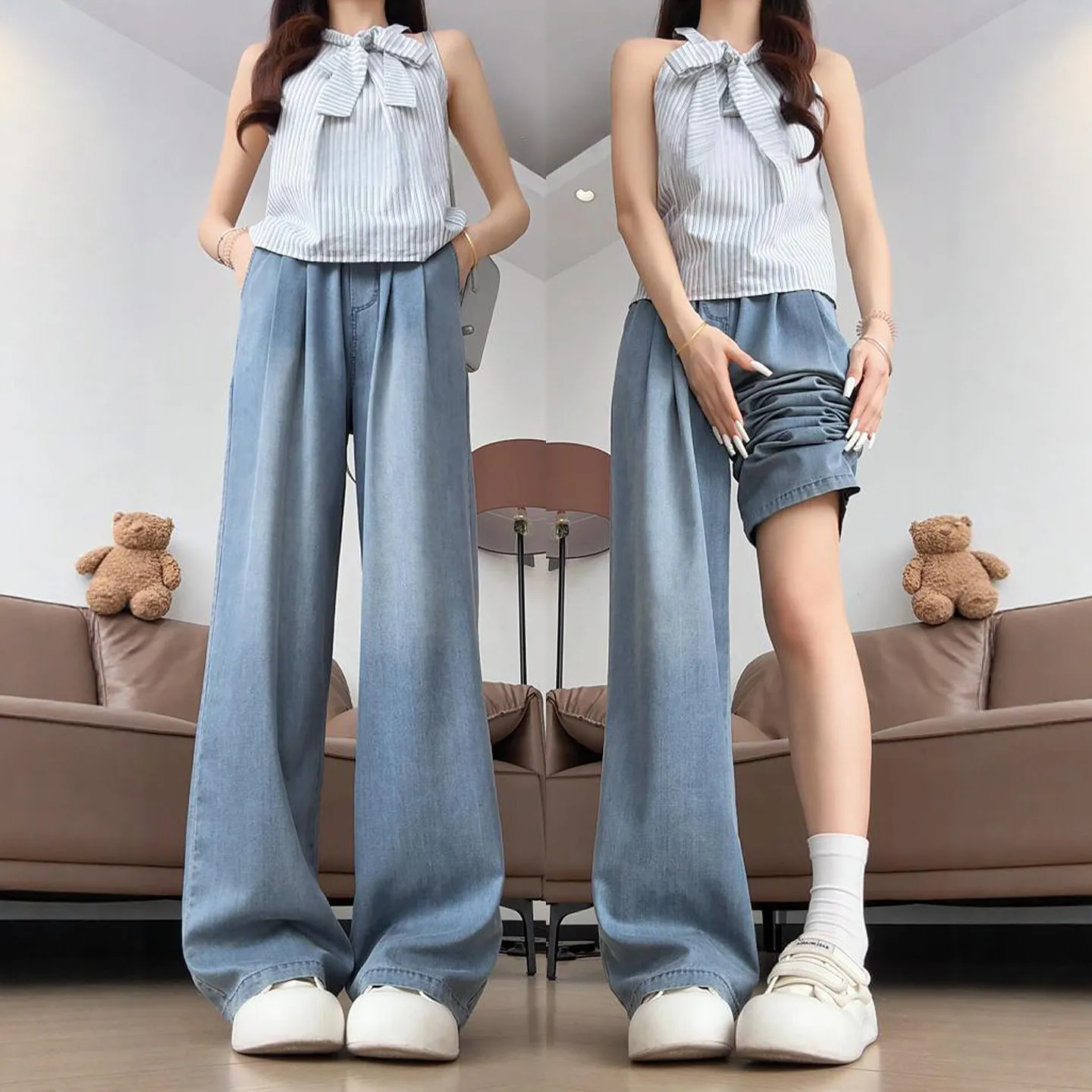  Wide Leg Jeans Women Summer Thin New Large Size Fat MM Slim Drape High Waist Narrow Straight Leg Pants