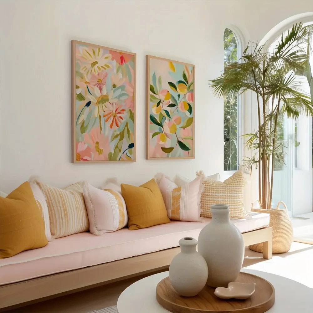 2pcs Frameless,Pastel Peach Plant Wildflower Poster,Bohemian Modern Wall Art,Spring and Summer Decor,Bohemian Abstract Painting