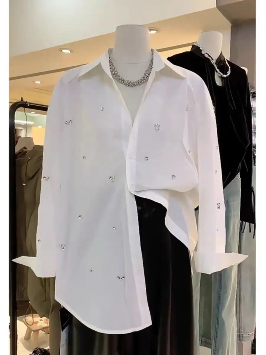 New In Autumn 2024 Office Lady Elegant  Diamonds Embroidery Cotton Shirts For Women Long Sleeve Mid-length Buttons Up Blouse Top